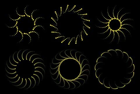 Abstract Dotted Spiral Circular Frame Collection on Black Background Stock Illustration
