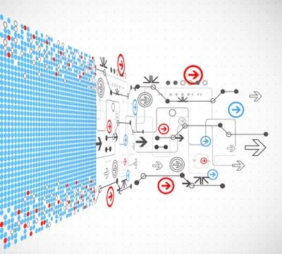 Abstract dotted technological background with various technological elements Illustrazione stock