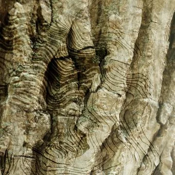 Abstract double exposure of rugged tree bark texture merged with topographic Stock Illustration
