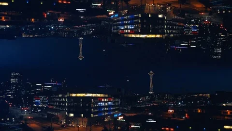 Abstract Downtown Seattle Night Background Aerial Reflection Mirror Video stock 84842874