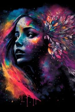 Abstract drawing of beautiful woman with colourful paint splatter exploding from Stock Illustration