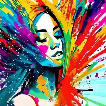 Abstract A drawing of a beautiful woman exploding in a colorful splash of paint Stock Illustration