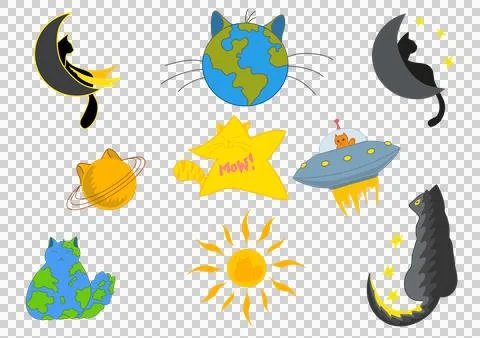 Abstract drawing of cats in space style, cats in the form of planets Stock Illustration