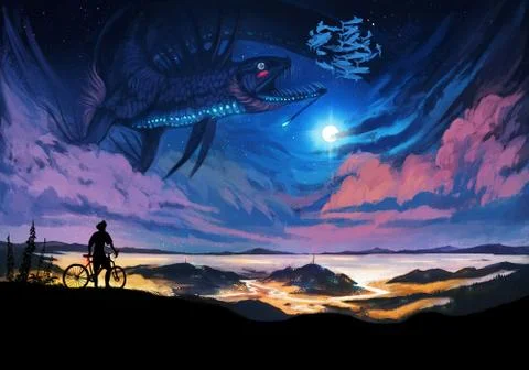 Abstract drawing of a man on a bicycle looking at a creature in a colorful sk Stock Illustration