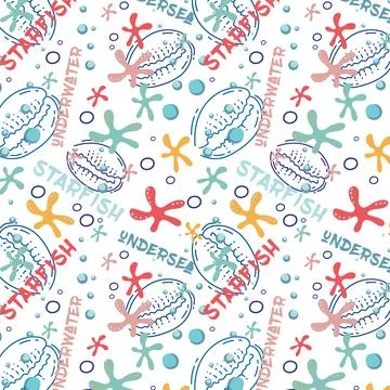 Abstract drawing of starfish and shells underwater pattern. Illustrazione stock