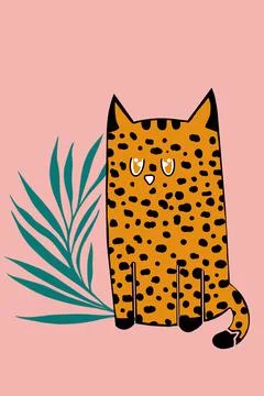 Abstract drawn cartoon leopard or cat with green leaf Stock-Illustration