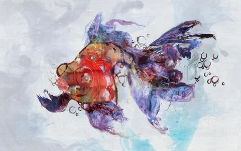 Abstract drawn multicolored large fish on gray-blue background Stock Illustration