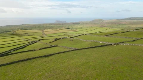 Abstract drone view over patches of lush green farm land pastures on Terceira Stock Footage 300314176
