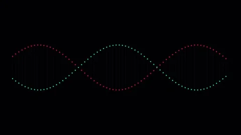 Abstract Dual Helix Waveform with Red and Teal Dots on Black 库存影片 339178955