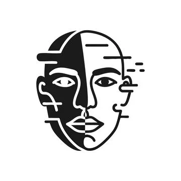 Abstract Duality Face Illustration. Captivating monochrome artwork portrayi.. Stock Illustration