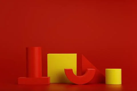 Abstract duotone composition with red and yellow geometric figures on red Stock Photos
