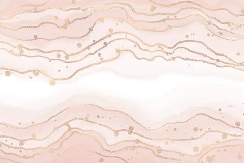 Abstract dusty blush liquid marbled watercolor background with golden crackers Illustrazione stock