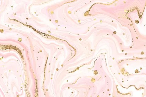 Abstract dusty blush liquid marbled watercolor background with golden crackers Stock Illustration