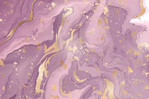Abstract dusty violet liquid marble or watercolor background with gold glitter Stock Illustration