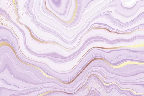 Abstract dusty violet liquid marbled watercolor background with golden lines Stock Illustration