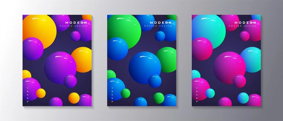 Abstract Dynamic 3d sphere Bubbles Design Set, glowing gradient neon balls, m Illustrazione stock