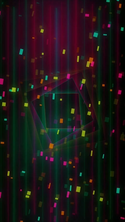 Abstract dynamic background with neon geometric squares and falling particles Stock Footage 344706442