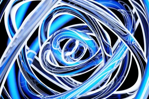 Abstract dynamic  blue neon  shape with blue smooth objects, sides. 3D illust 스톡 일러스트