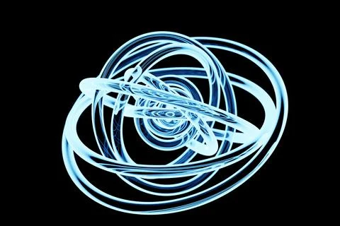 Abstract dynamic  blue neon  shape with blue smooth objects, sides. 3D illust 스톡 일러스트