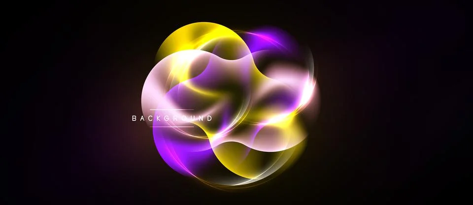 Abstract dynamic composition. Bright yellow, purple, white swirls over black Ilustração Stock