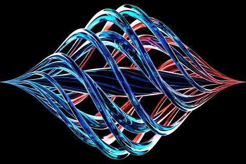 Abstract dynamic droplet shape with blue smooth objects, sides on a black iso Stock Illustration