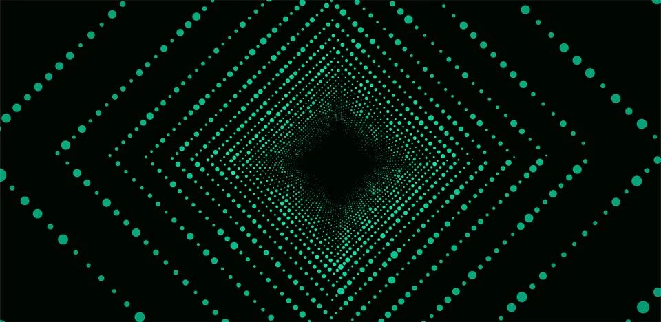 Abstract dynamic green wireframe tunnel on dark background. Deep wave wormh.. Stock Illustration