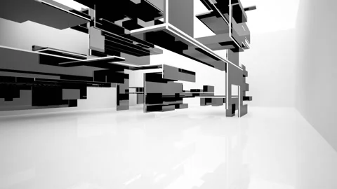 Abstract dynamic interior with black objects and white room . Stock Footage 89905598