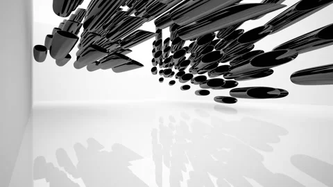 Abstract dynamic interior with black smooth objects and white room .  Stock Footage 89924795
