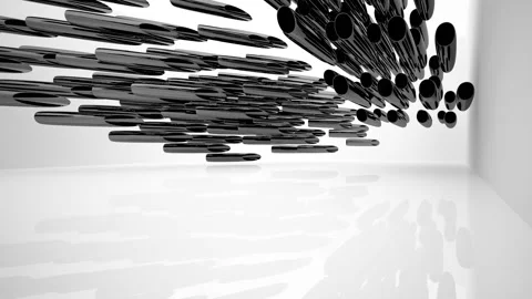 Abstract dynamic interior with black smooth objects and white room .  Stock Footage 89924801