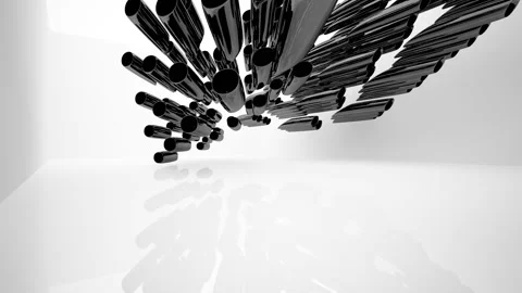 Abstract dynamic interior with black smooth objects and white room .  Stock Footage 89924828