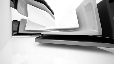 Abstract dynamic interior with black smooth objects and white room .  Stock Footage 90122878