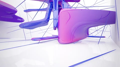 Abstract dynamic interior with violet smooth objects and white room . Stock Footage 85587745