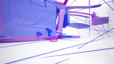 Abstract dynamic interior with violet smooth objects and white room . Vídeo Stock 85588310