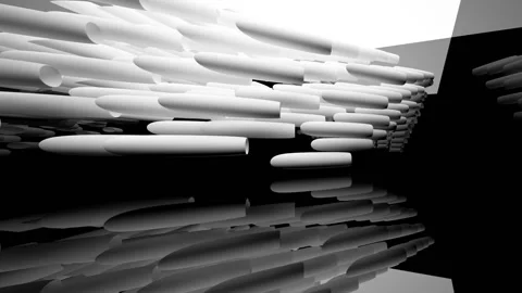Abstract dynamic interior with white smooth objects and black room . Stock Footage 89965326