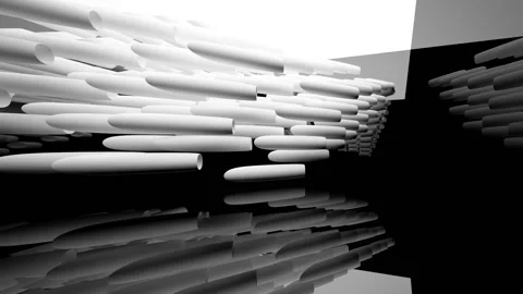 Abstract dynamic interior with white smooth objects and black room . Stock Footage 89965327