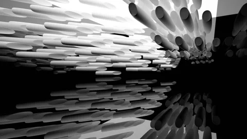 Abstract dynamic interior with white smooth objects and black room . Stock Footage 89965433