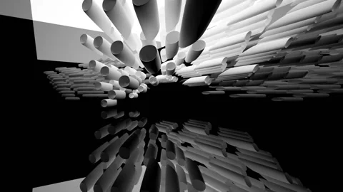 Abstract dynamic interior with white smooth objects and black room . Stock Footage 89965463