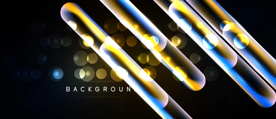 Abstract dynamic lines, glowing tubes, bright bokeh effects. Dark background 库存插图
