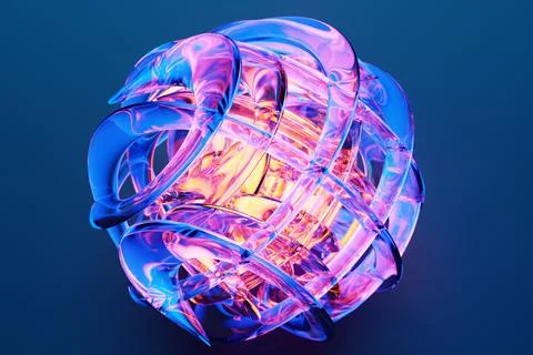 Abstract dynamic pink and blue neon  shape with blue smooth objects, sides. 3 Stock Illustration
