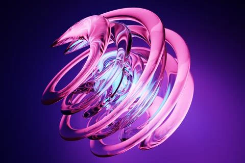 Abstract dynamic pink neon  shape with blue smooth objects, sides. 3D illustr Stock Illustration