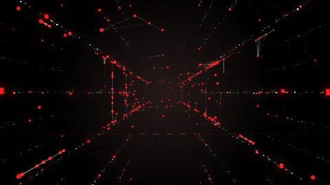 Abstract dynamic red square particles motion through the black space. Stock Photos