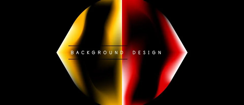 Abstract dynamic shape. Vibrant yellow, red gradients over black background. Illustrazione stock