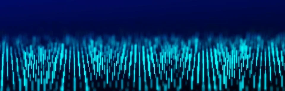 Abstract dynamic wave flow of blue vertical lines on dark background. Digital Stock Illustration