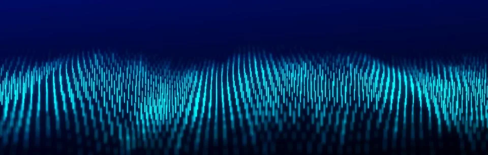 Abstract dynamic wave flow of blue vertical lines on dark background. Digital Stock Illustration