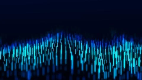 Abstract dynamic wave flow of blue vertical lines on dark background. Digit.. Stock Illustration