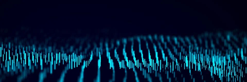 Abstract dynamic wave flow of blue vertical lines on dark background. Digit.. Stock Illustration