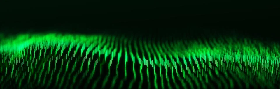 Abstract dynamic wave flow of green vertical lines on dark background. Big .. Illustrazione stock