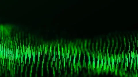 Abstract dynamic wave flow of green vertical lines on dark background. Digi.. Illustrazione stock