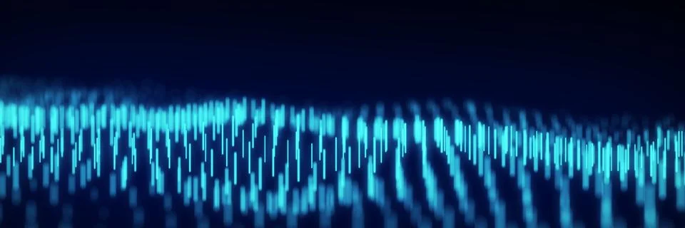 Abstract dynamic wave flow of vertical blue glow lines on a dark background.. Stock Illustration