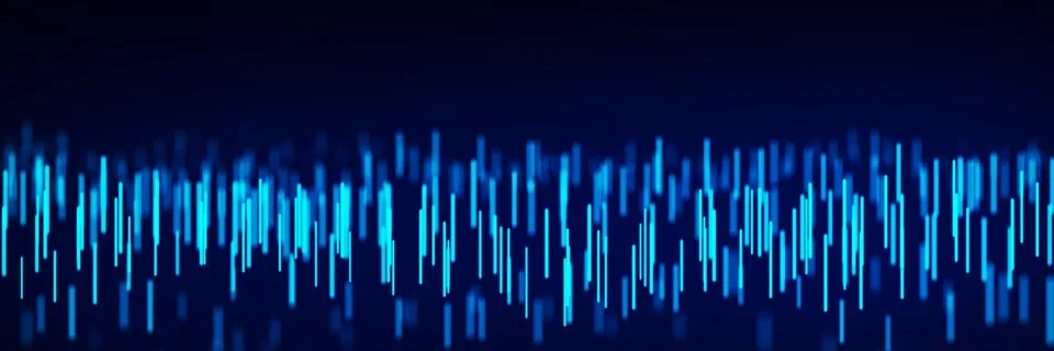 Abstract dynamic wave flow of vertical blue glow lines on a dark background.. Stock Illustration